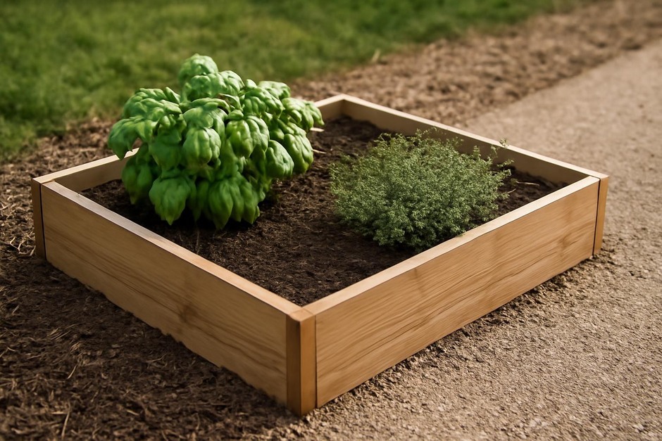 A small rectangular raised herb bed beside a path with basil and thyme